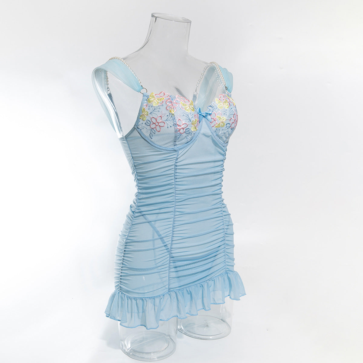 Sexy Light Style Pearl Strap Beautiful Back Flower Embroidery Mesh Dress