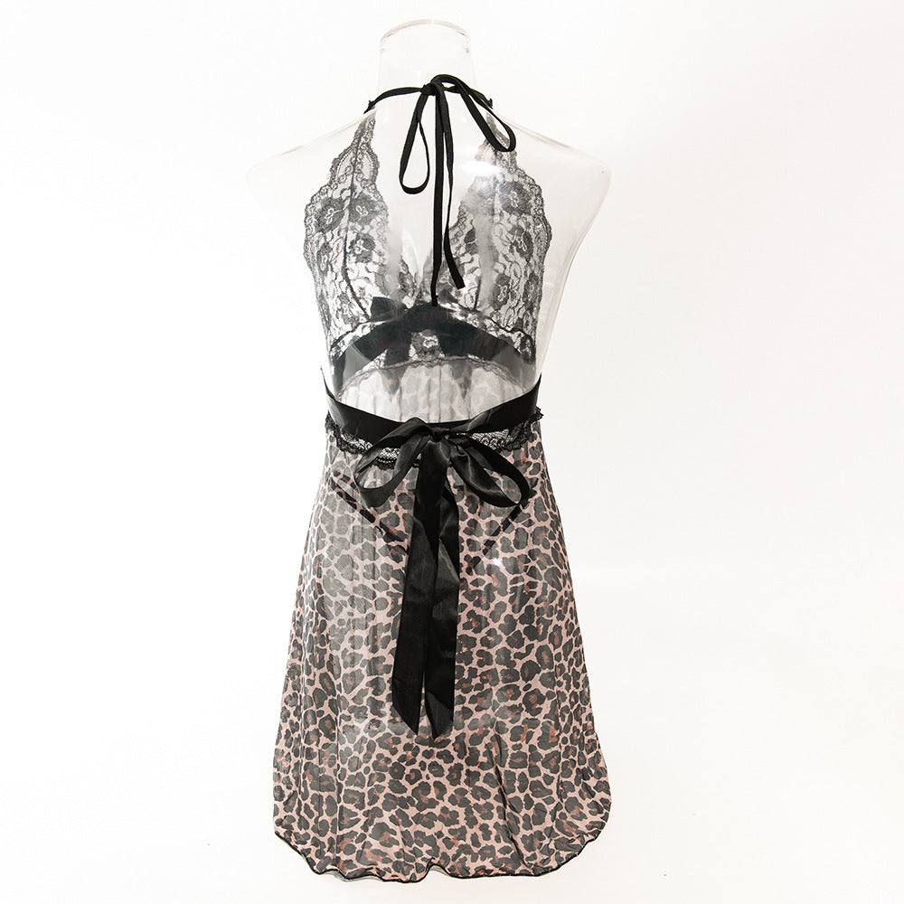 Lace Wild Leopard Print See-through Stitching Sexy Nightdress