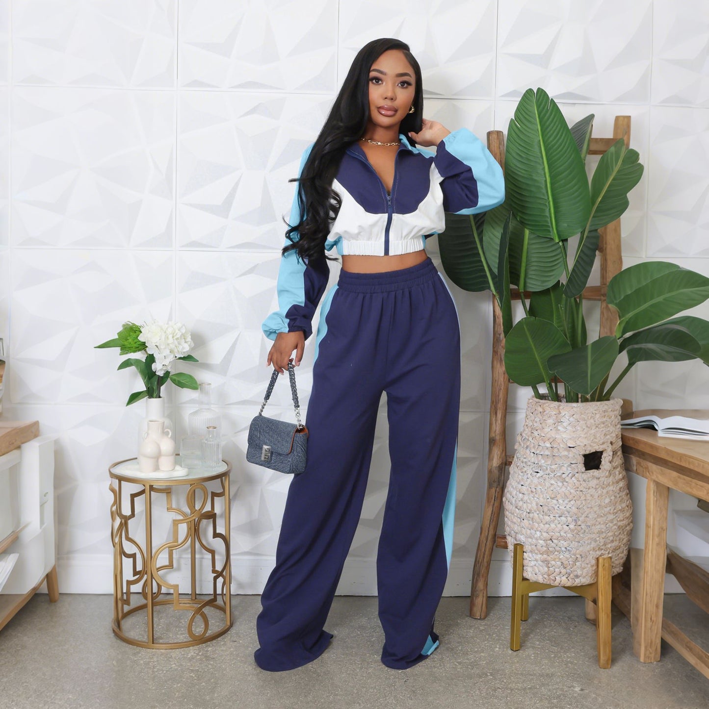 Long-sleeved Turtleneck Color-blocked Short Jacket and Wide-leg Pants Tracksuit