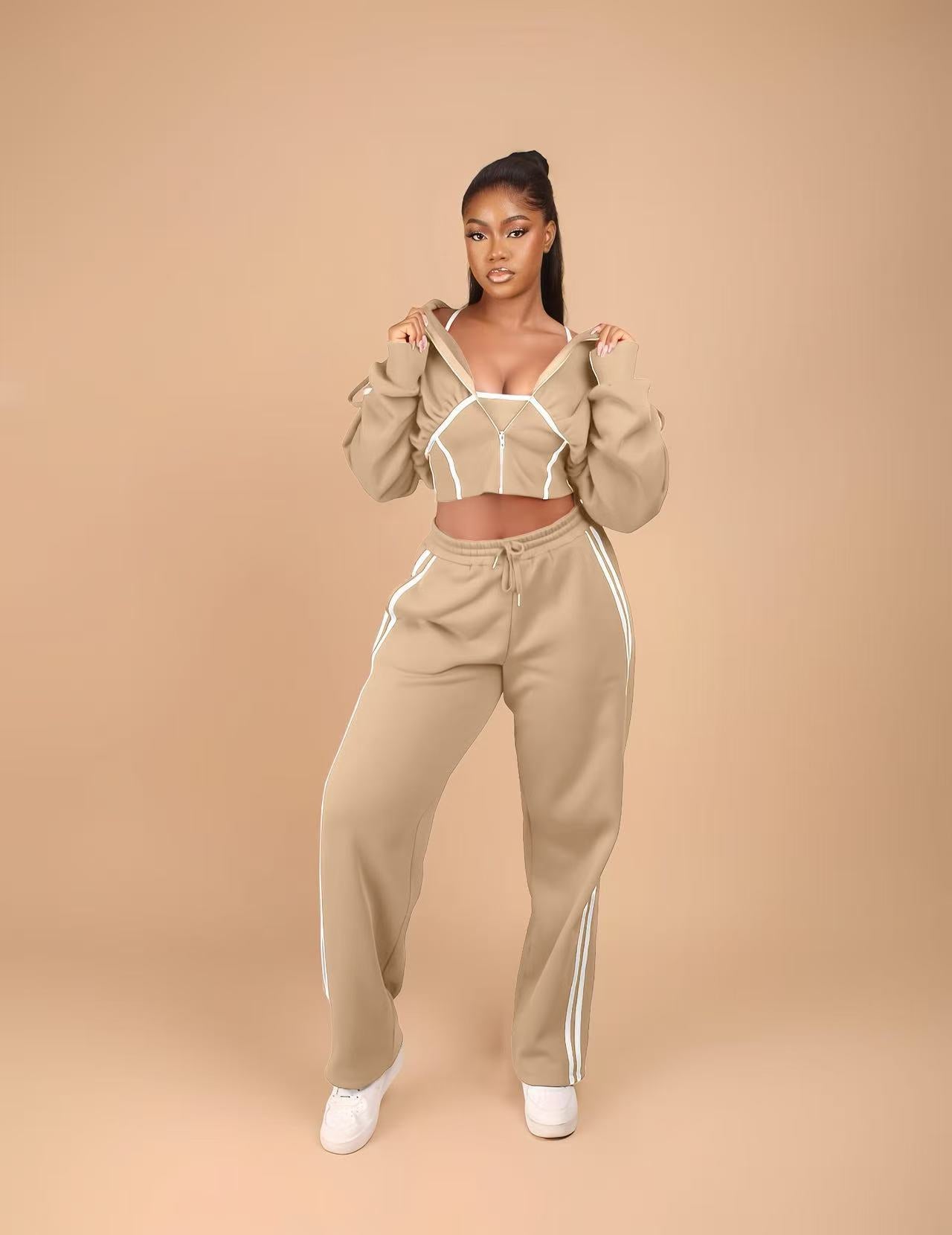 Fashionable Patchwork Hooded Sweatshirt Sports Casual Three-piece Suit