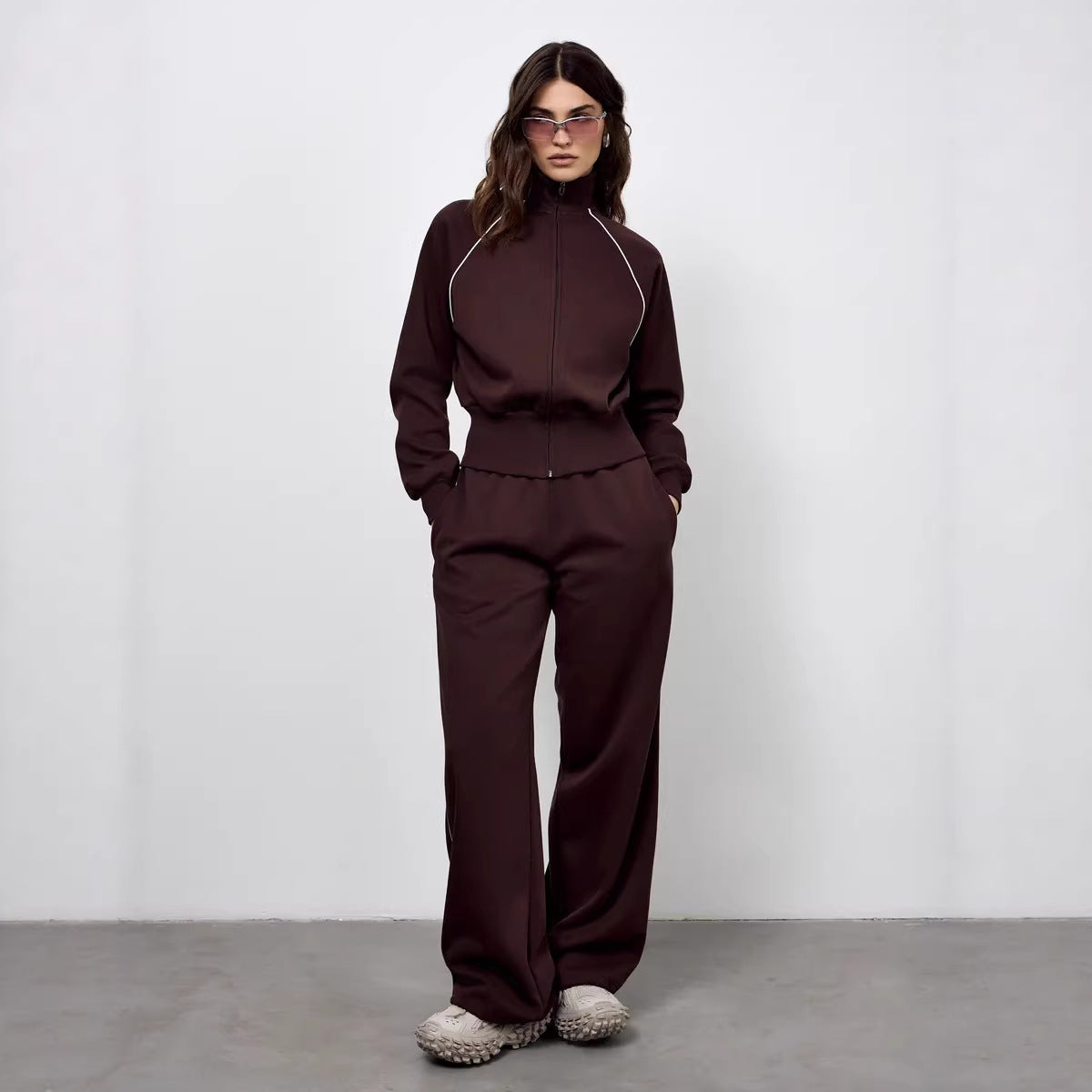 Stylish Line Long-Sleeved Zipper Cardigan Loose-Fitting Trousers Casual Suit