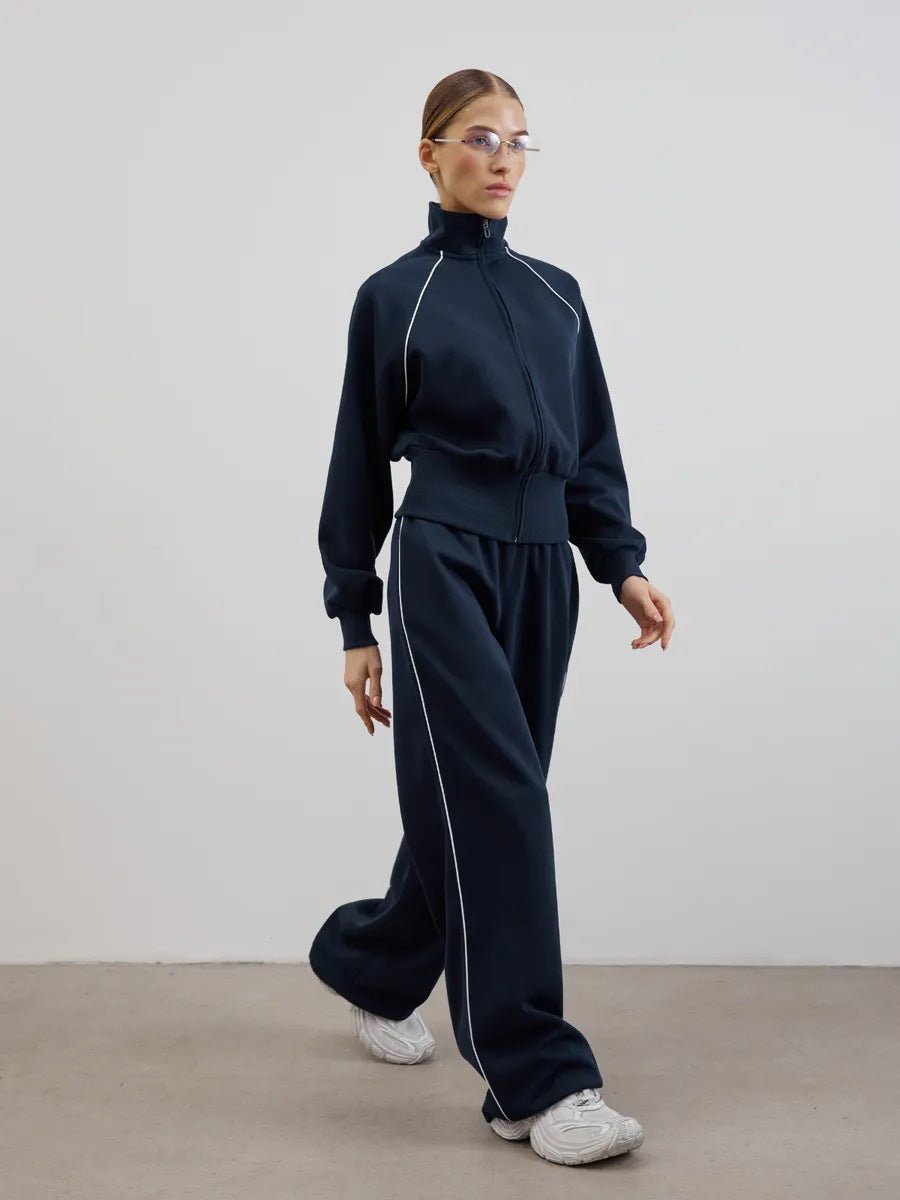 Stylish Line Long-Sleeved Zipper Cardigan Loose-Fitting Trousers Casual Suit