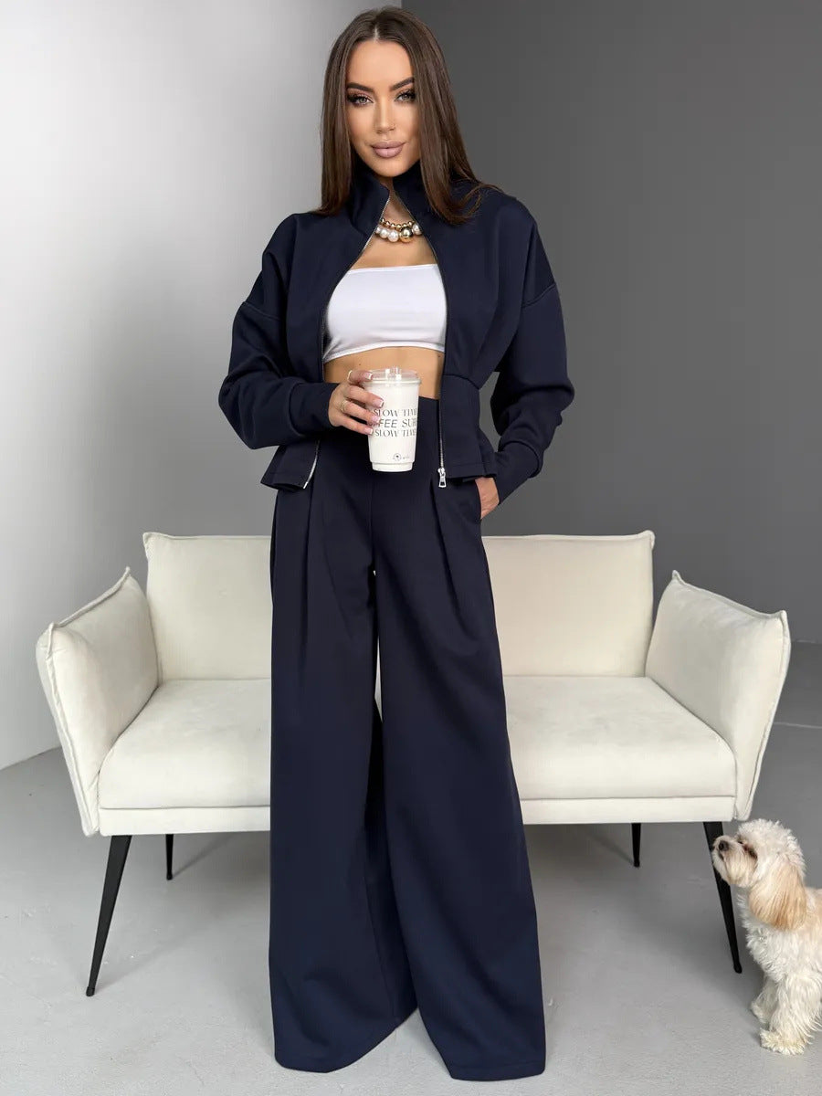 Stand-up Collar Long-sleeved Belted Sweatshirt and Casual Pants Set