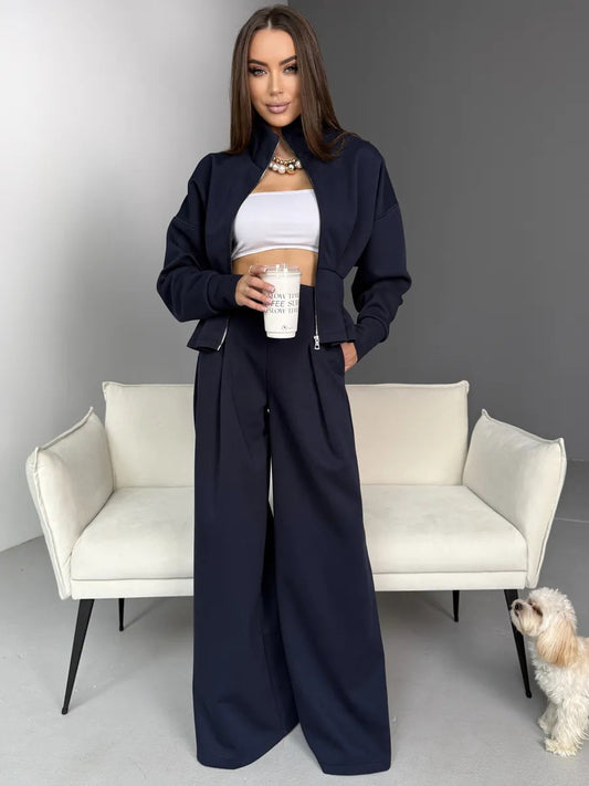 Stand-up Collar Long-sleeved Belted Sweatshirt and Casual Pants Set