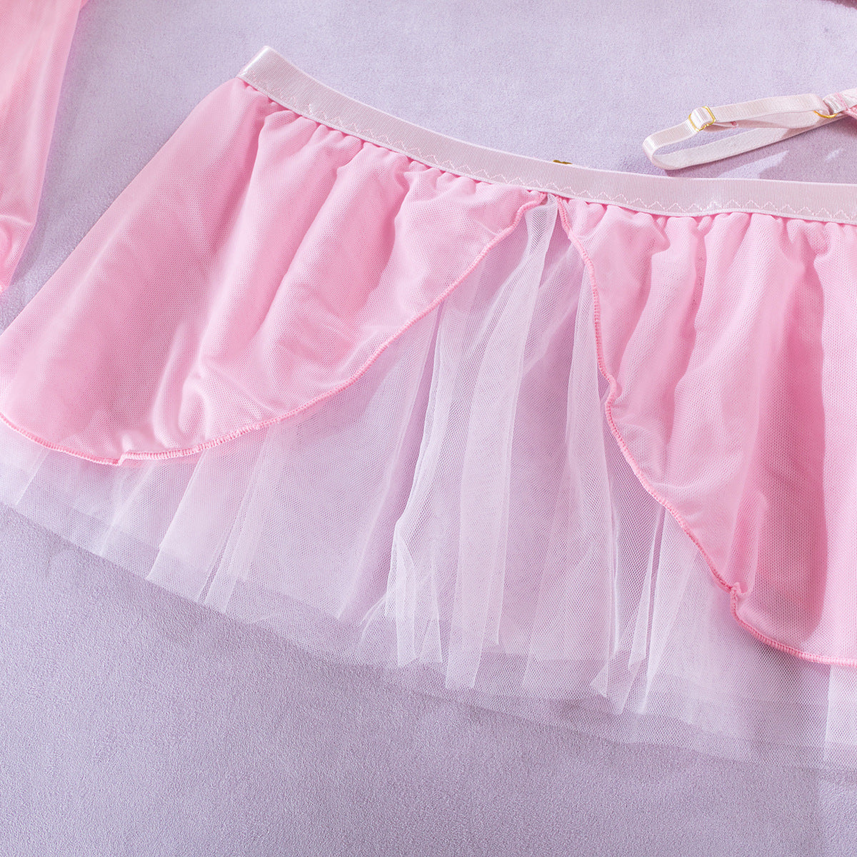 Sexy Pink Waist-bound Transparent Mesh Underwire Gathered One-piece Dress