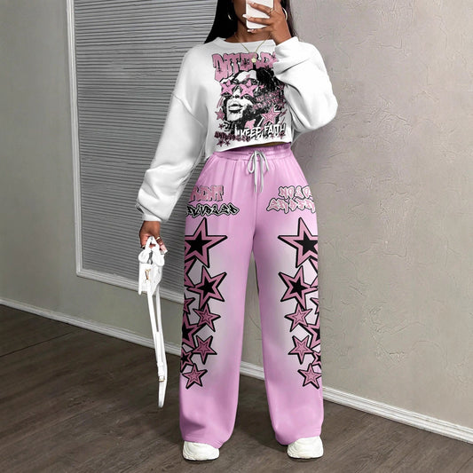 Casual Letter Print Crew Neck Sweatshirt and Pants Set