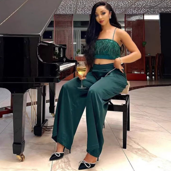 Tassel Halter Top and High-waisted Trousers Two-piece Set