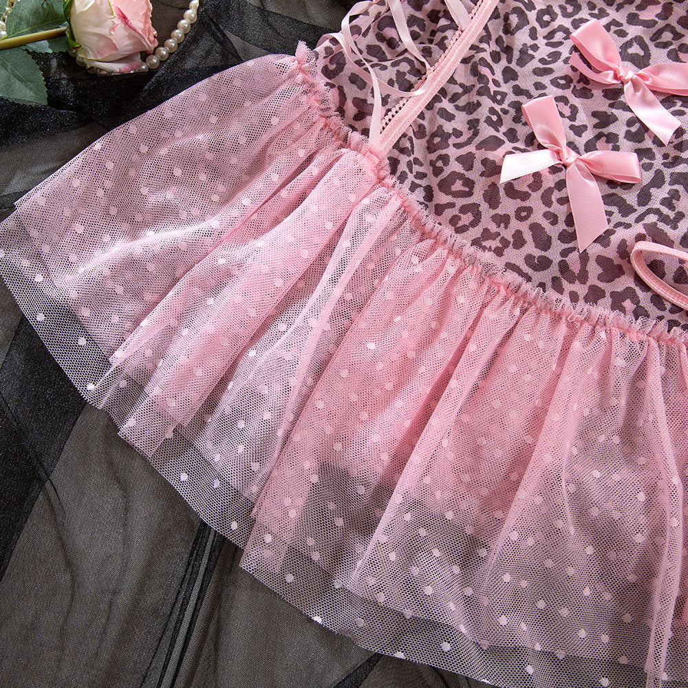 Sexy Pink Leopard Print Tulle Puffy Dress + T-Back