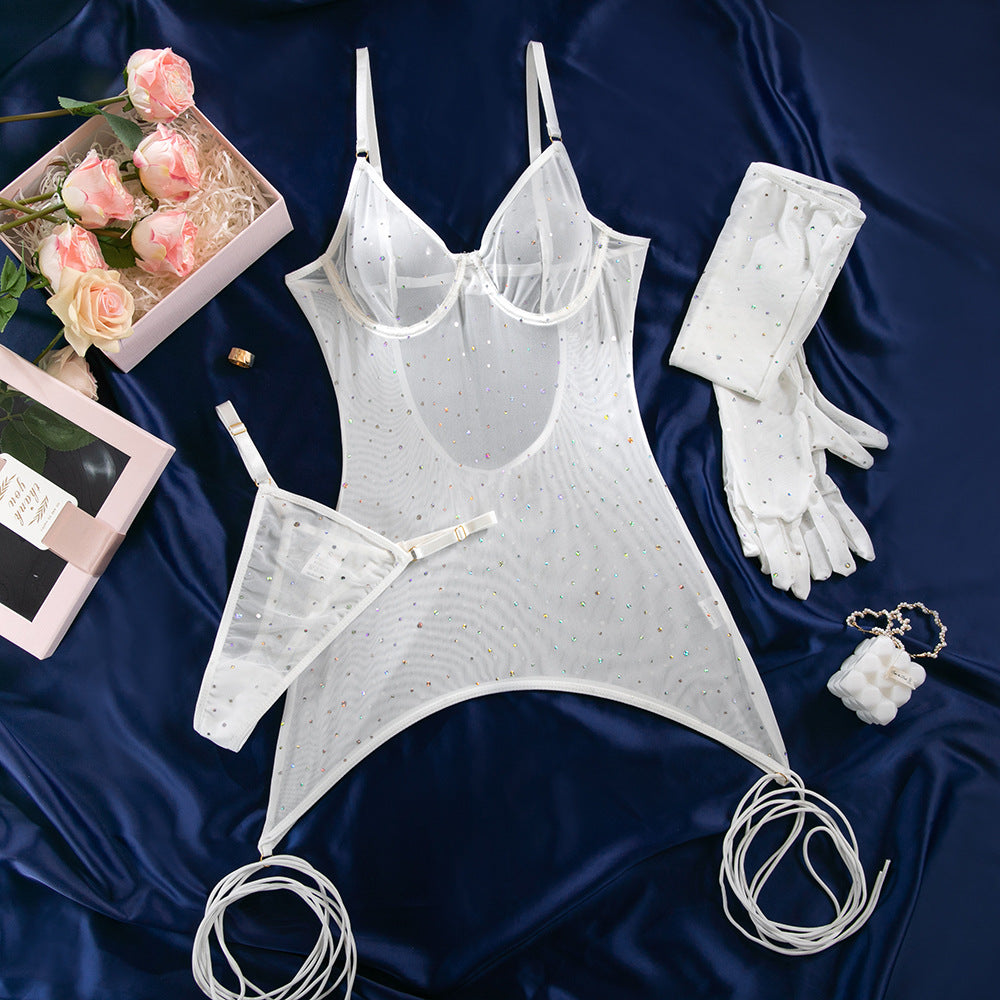 Sequined Nightclub Mesh Transparent Steel Ring Gathered Leggings with Gloves Dress Set