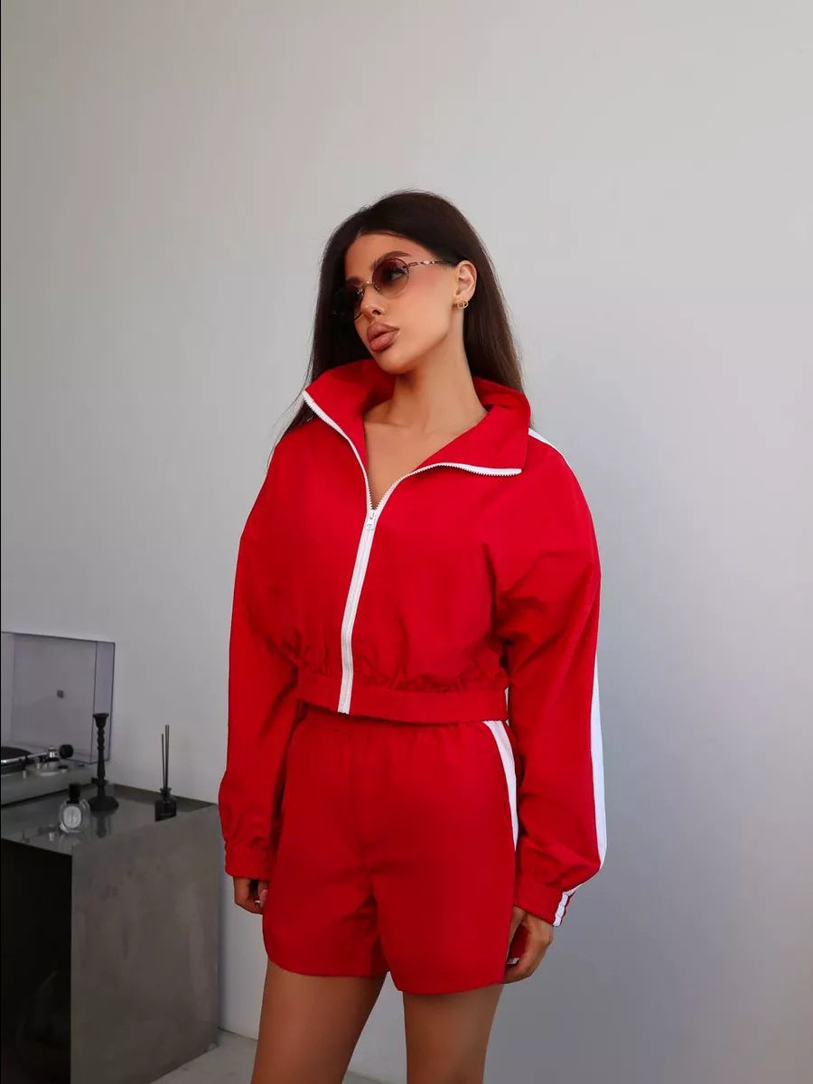 Stylish Long-sleeved Zip-up Sports Cardigan Jacket and Shorts Sports Casual Set