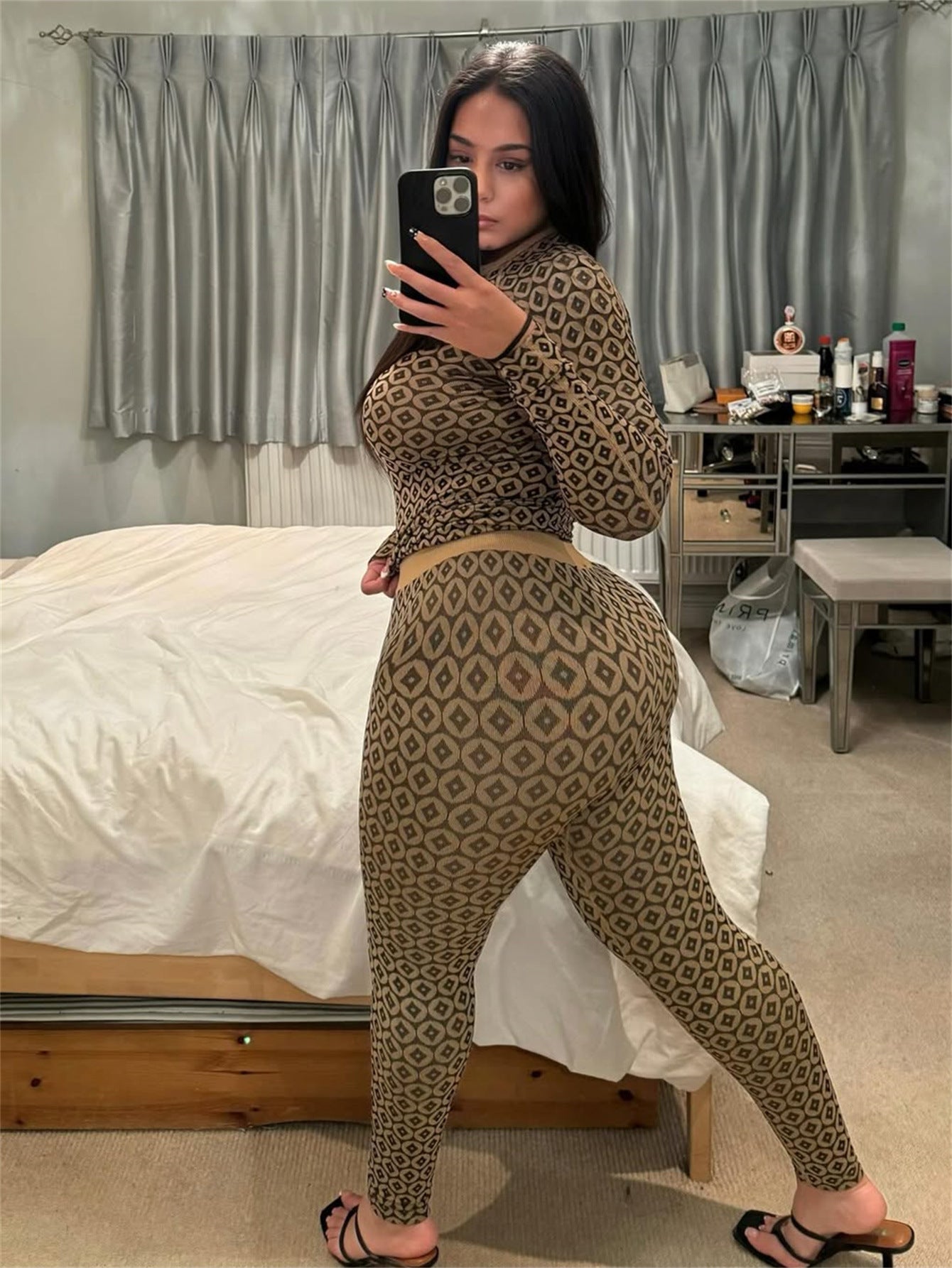 Fashion Printed Elastic Long Sleeve Round Neck Top Pants Set