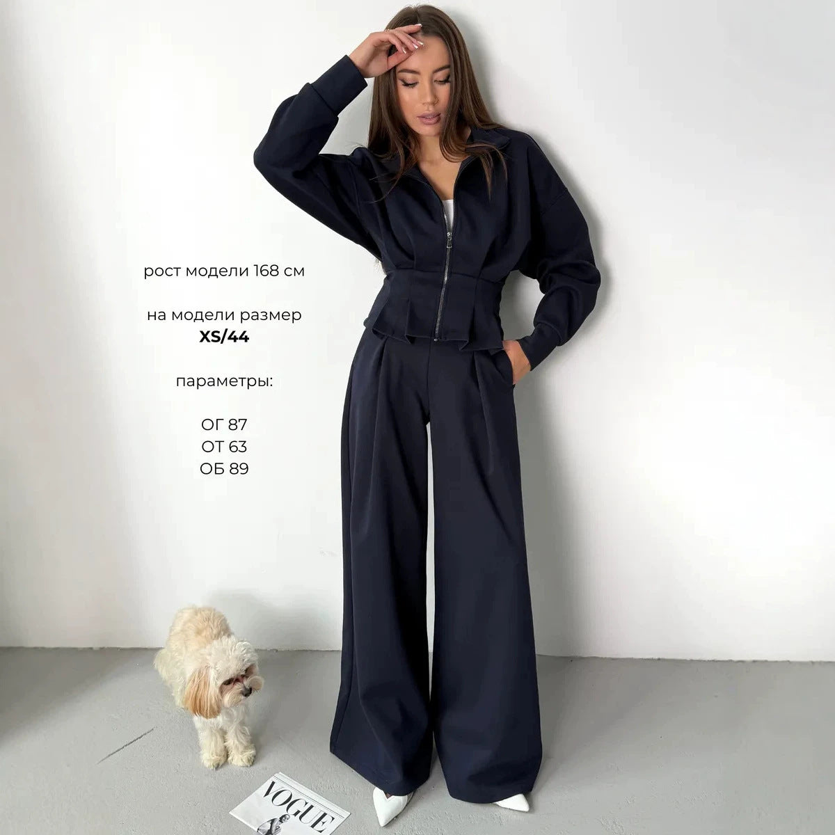 Stand-up Collar Long-sleeved Belted Sweatshirt and Casual Pants Set