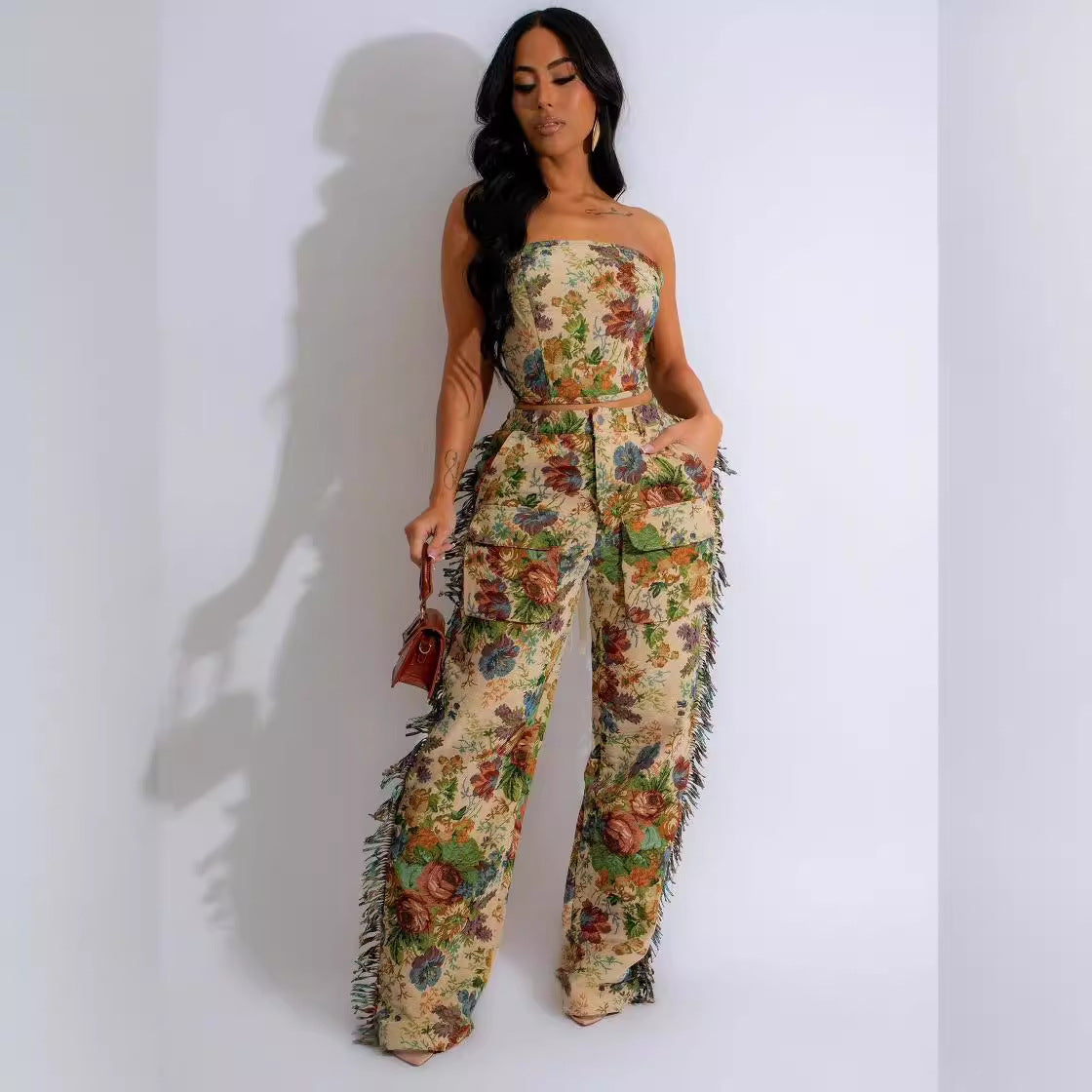 Lace-up Bustier Tassel Trousers Jacquard Fashion Suit