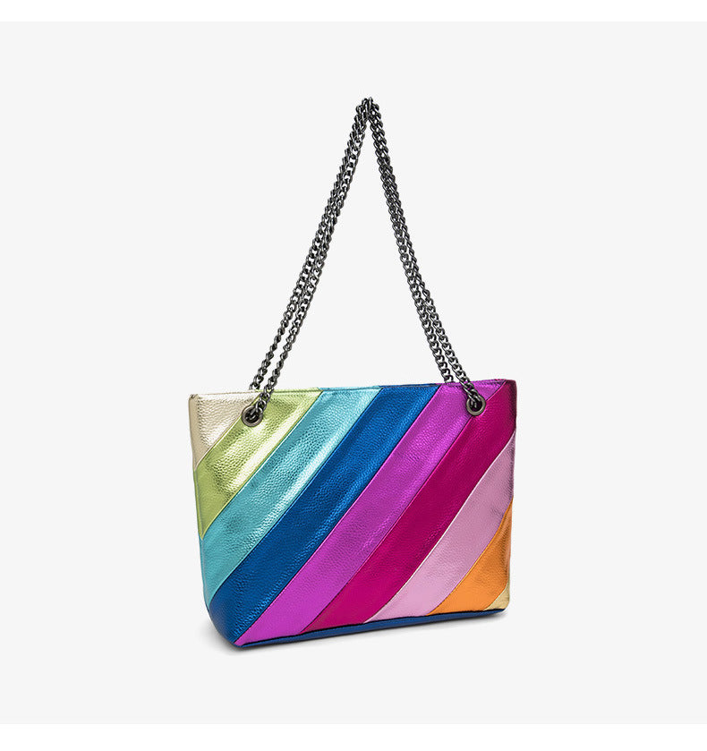Rainbow Contrast Patchwork Chain Eagle Head Crossbody Bag
