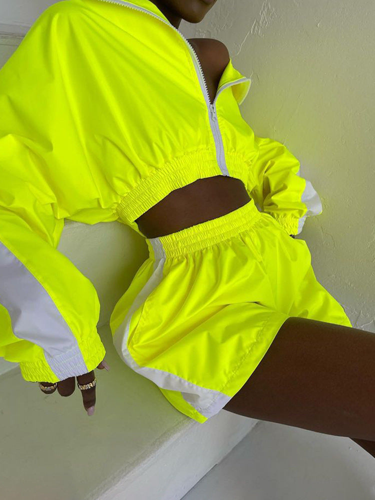 Stylish Long-sleeved Zip-up Sports Cardigan Jacket and Shorts Sports Casual Set