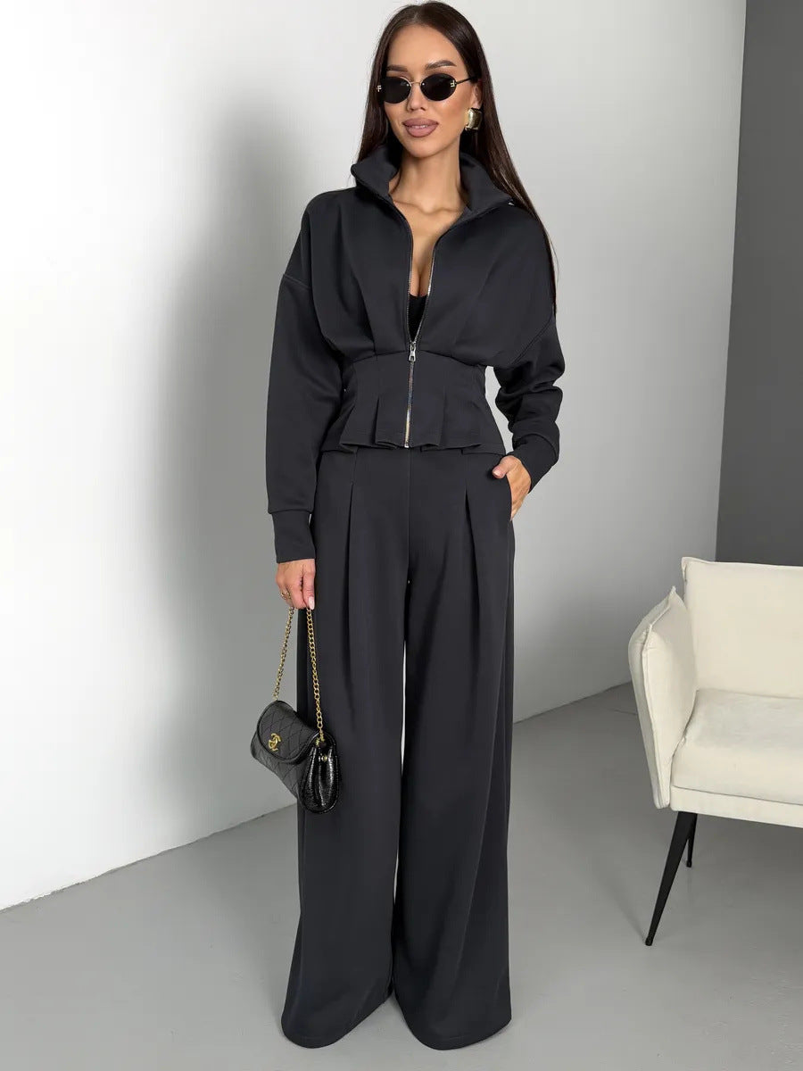 Stand-up Collar Long-sleeved Belted Sweatshirt and Casual Pants Set