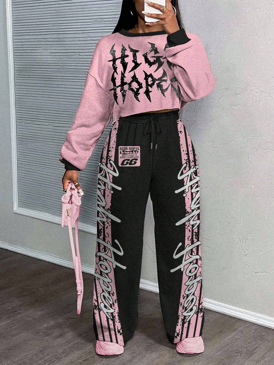 Casual Letter Print Crew Neck Sweatshirt and Pants Set