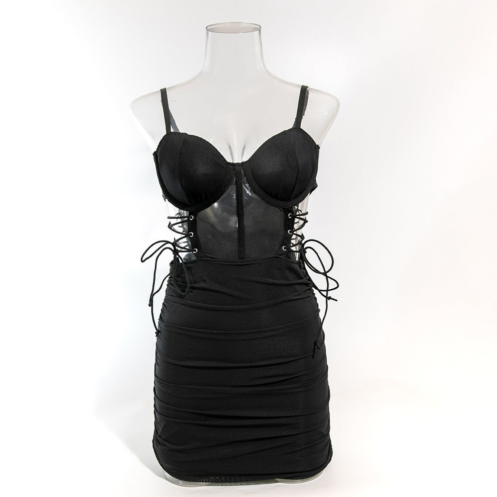 Sexy Underwire Gathered Drawstring Hollow Backpack Hip Herringbone Dress