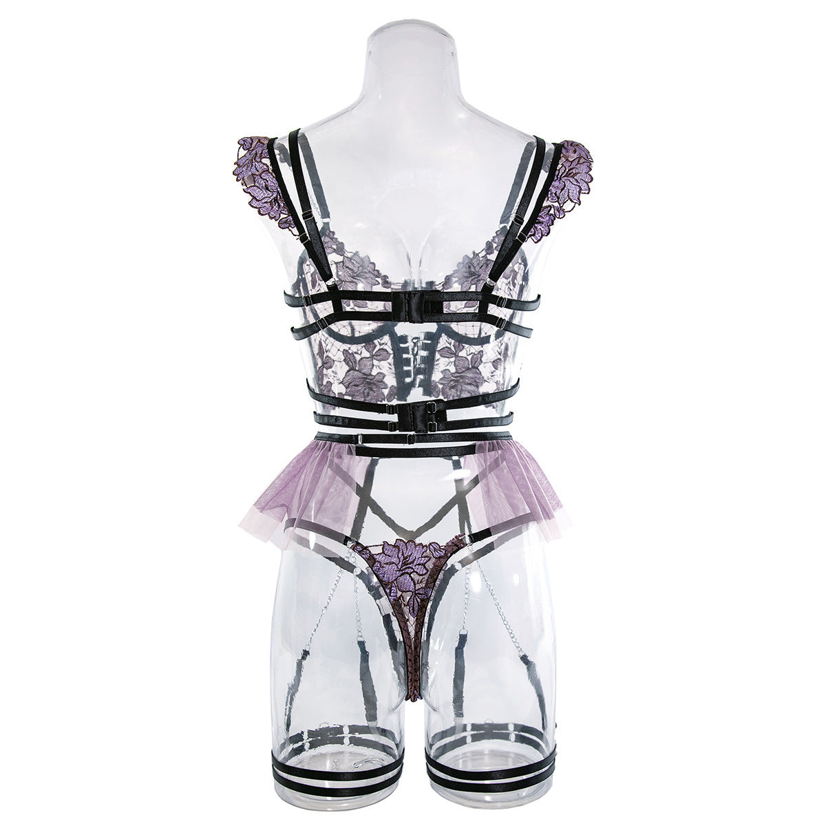 Embroidered Flower Gathered Cute Metal Chain Sexy Lingerie Four-piece Set