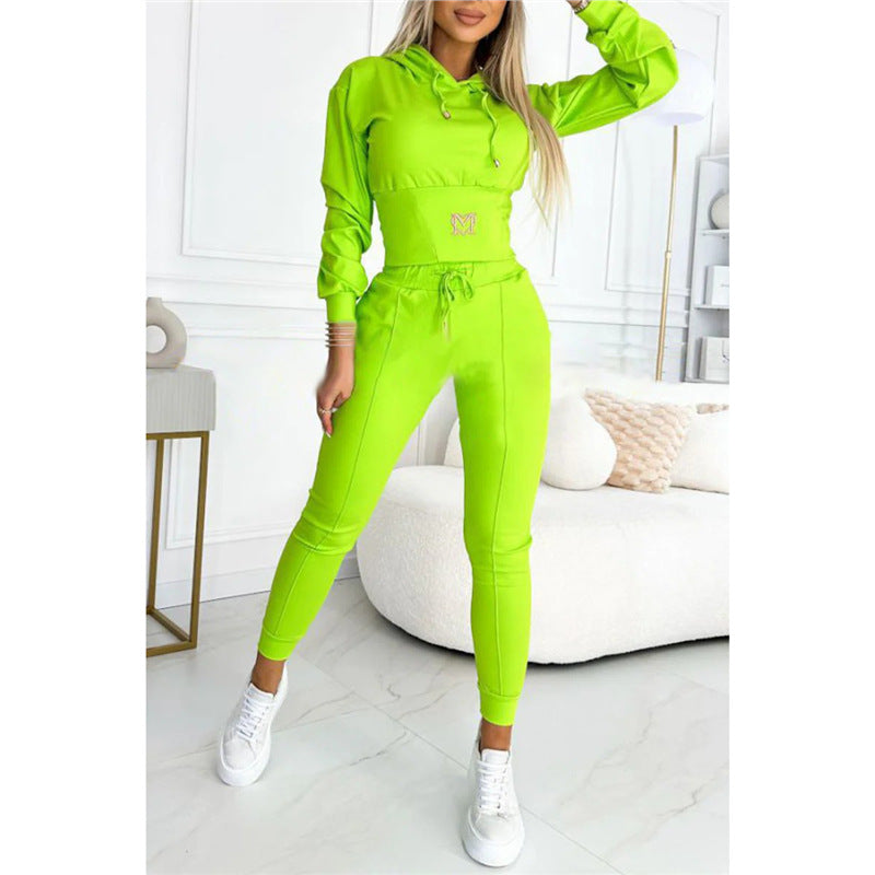 Waist-cinching Hooded Top and Trousers Casual Sportswear Set
