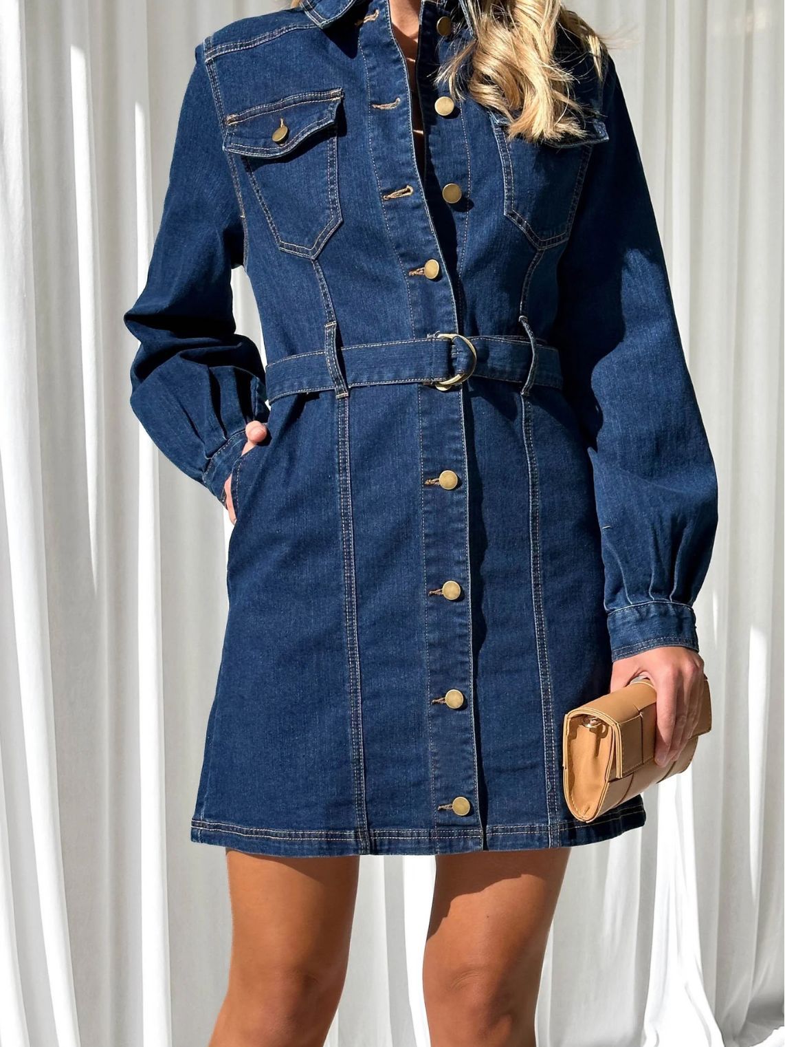 Fashionable and Casual Button-down Long-sleeved Denim Dress