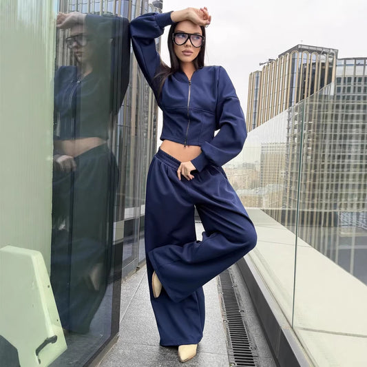 Solid Color Zip-up Cardigan Sweatshirt Loose Trousers Casual Suit