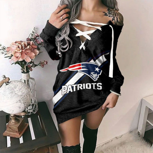 New England Patriots Printed Lace-up V-neck Off-shoulder Hip Dress