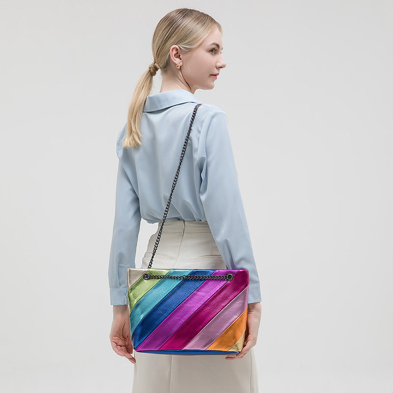Contrast Color Stitching Chain Rainbow Handheld Crossbody Bag