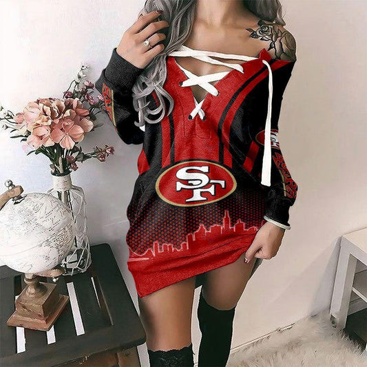 San Francisco 49ers Printed Lace-up V-neck Off-shoulder Hip Dress