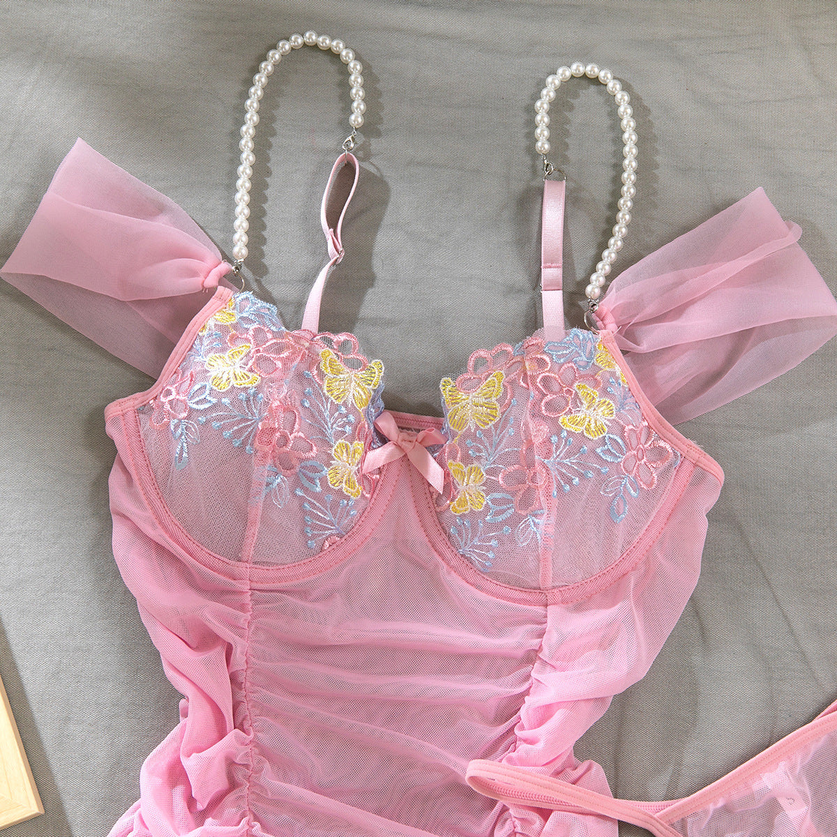 Sexy Light Style Pearl Strap Beautiful Back Flower Embroidery Mesh Dress