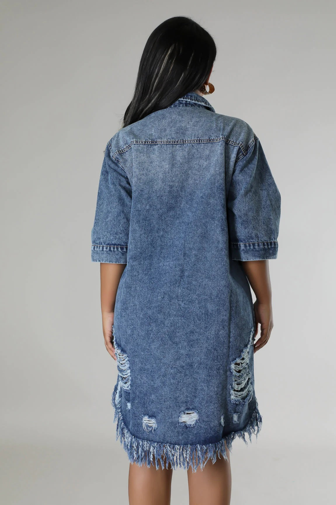 Loose Lapel Short Sleeve Ripped Washed Denim Dress