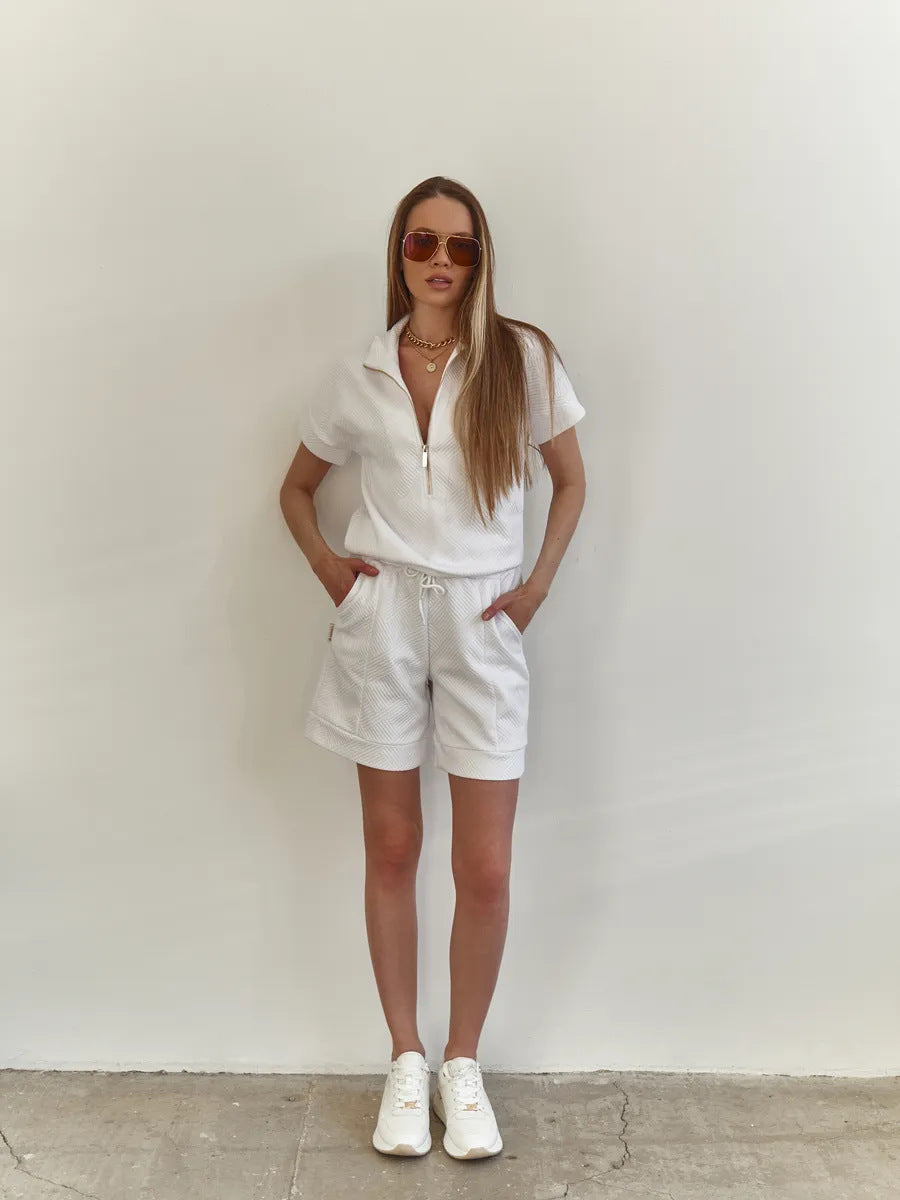 Solid Color Loose-fitting Crew Neck Sweatshirt and Shorts Casual Set