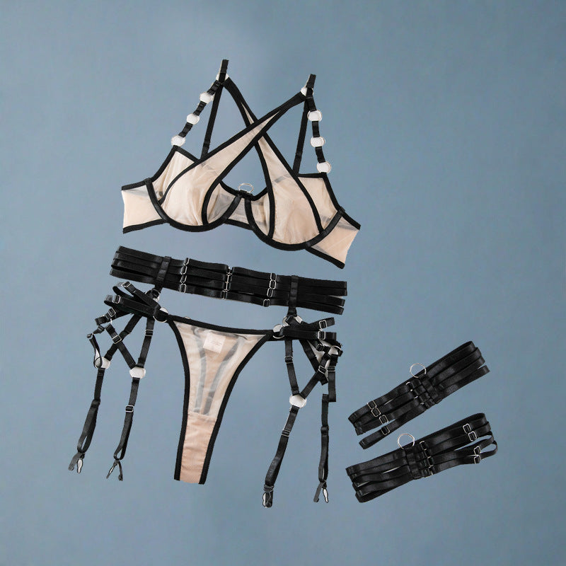 Sexy Cross Bra Suspender Mesh Waist Corset Bodysuit Set