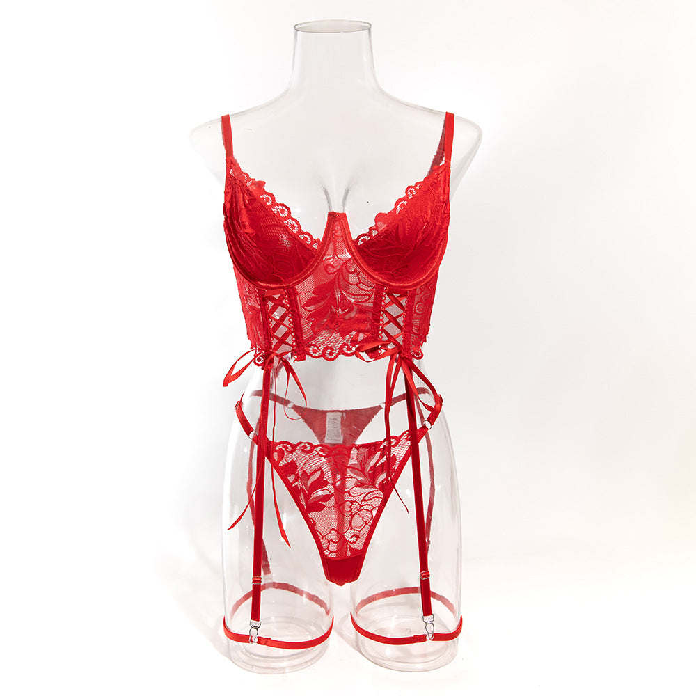 Sexy Camisole Lace Half Cup Herringbone Underwire Gathered Bra Set