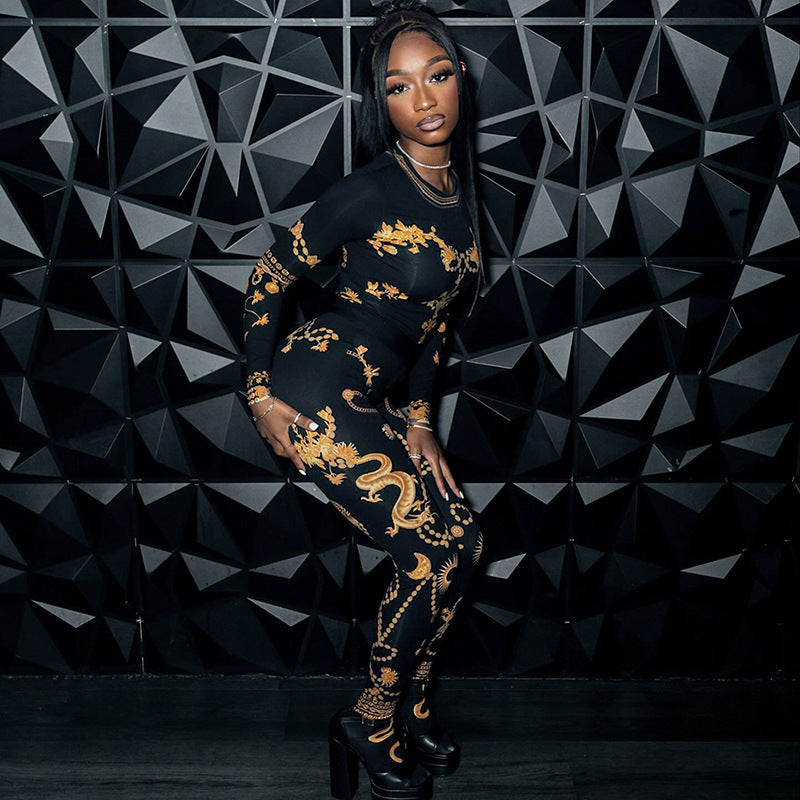 Fashion Printed Long Sleeve Round Neck Top and Pants Set