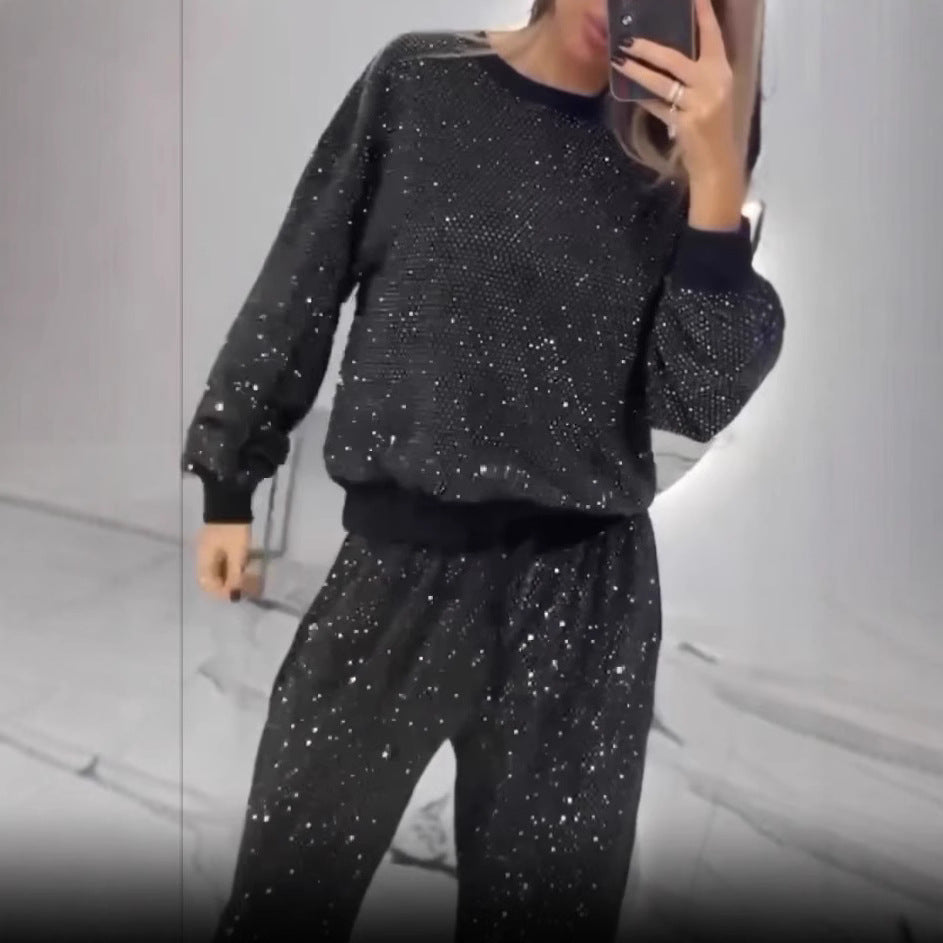 Starry Sky Long-sleeved Round Neck Drawstring Top Wide-leg Two-piece Suit
