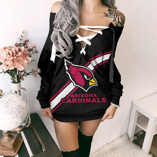 Arizona Cardinals Printed Lace-up V-neck Off-shoulder Hip Dress