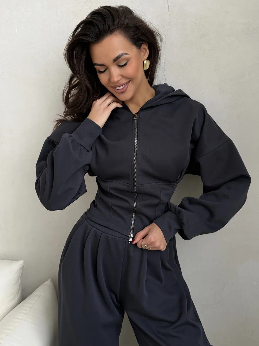 Solid Color Zip-up Cardigan Sweatshirt Loose Trousers Casual Suit