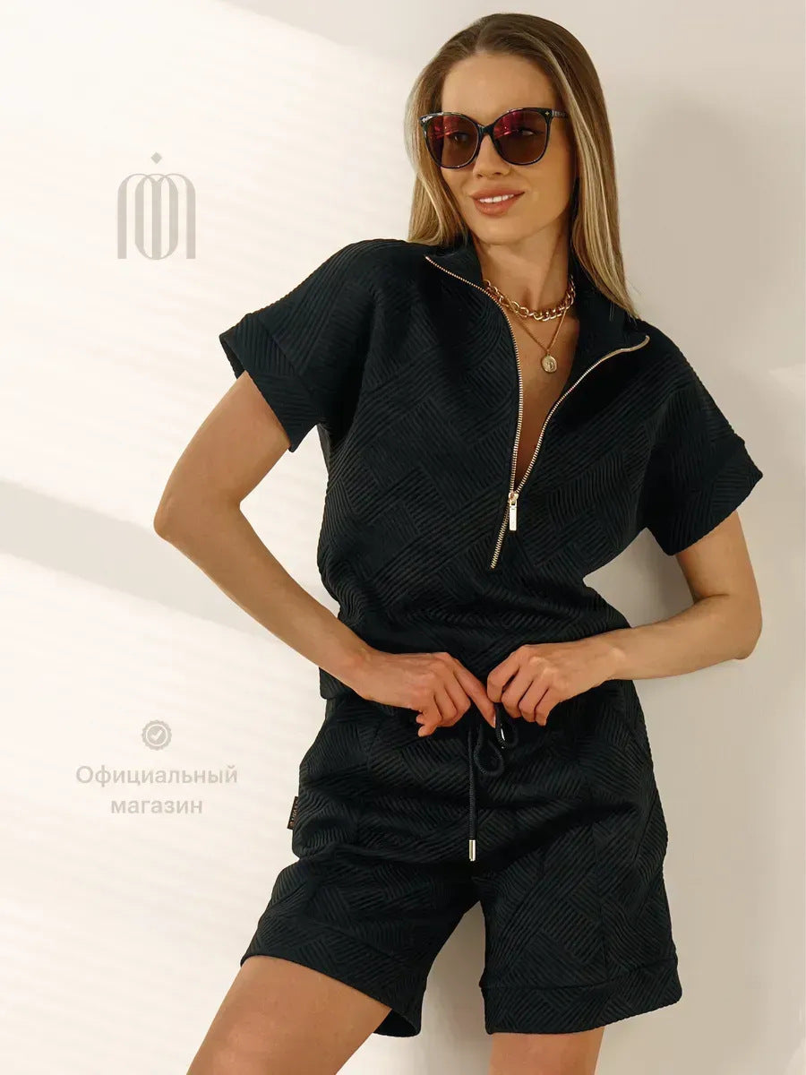Solid Color Loose-fitting Crew Neck Sweatshirt and Shorts Casual Set