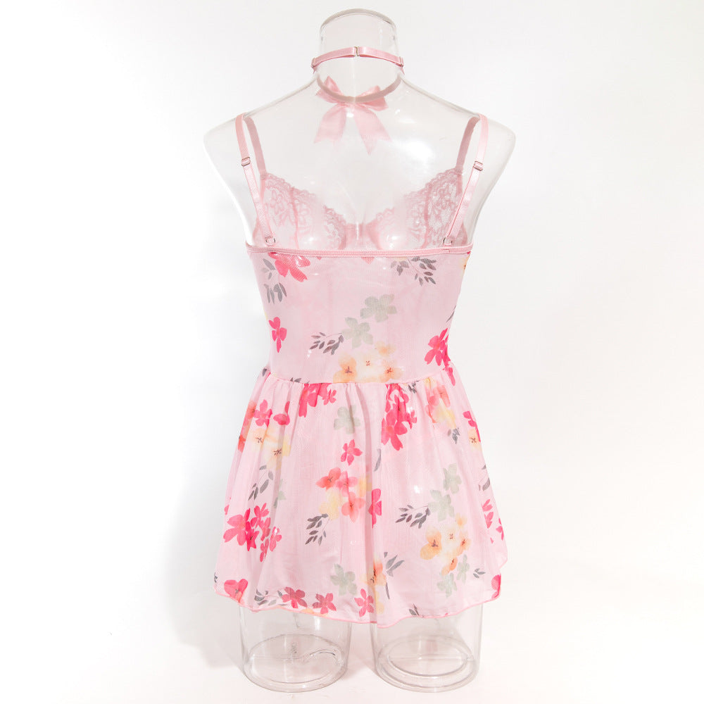 Sexy Lace Floral Mesh Printed Underwire Gathered Bowknot Neck Dress