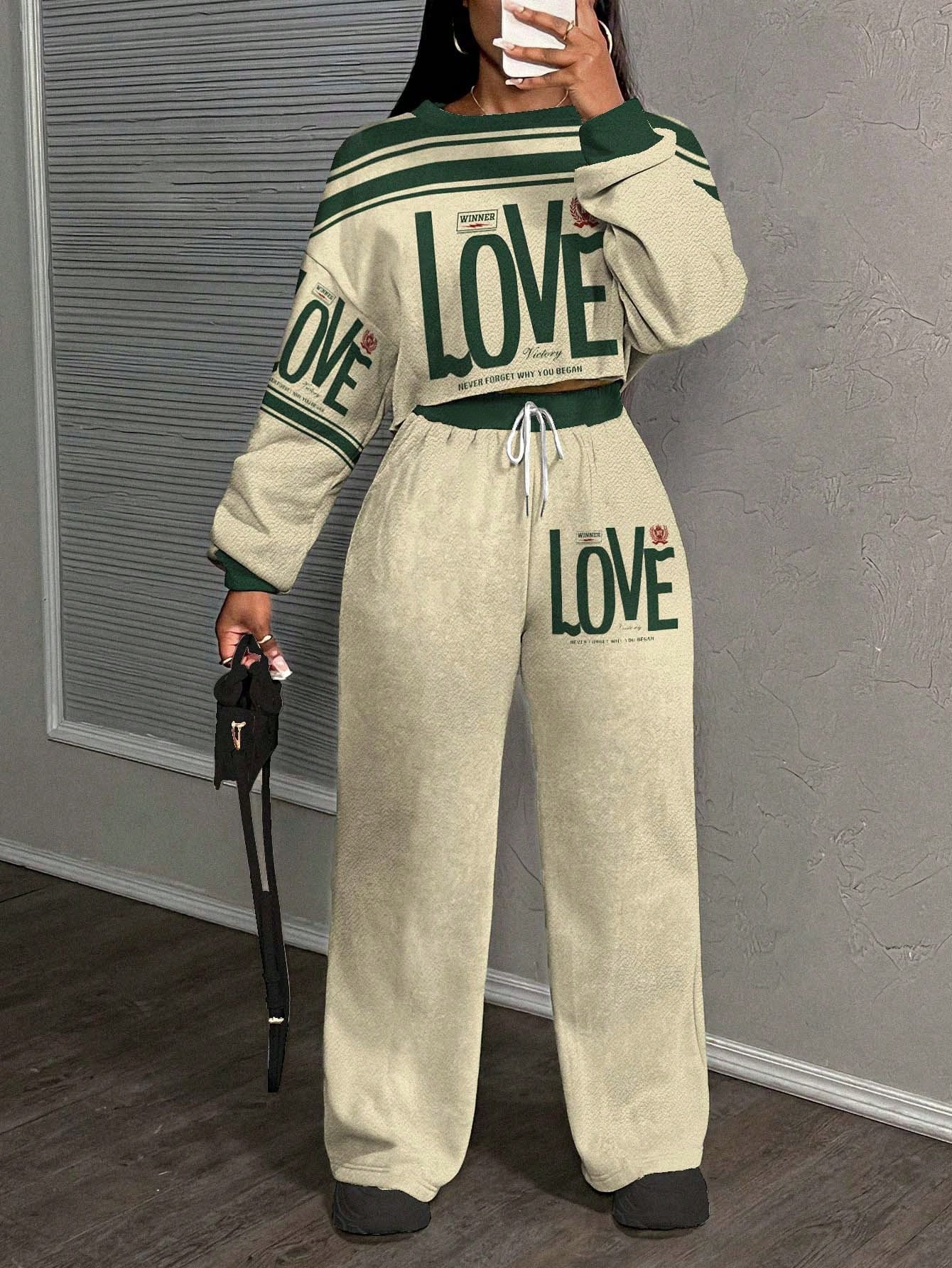 Casual Letter Print Crew Neck Sweatshirt and Pants Set