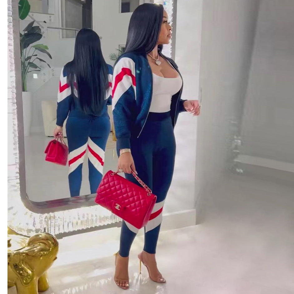 Casual Stitching Zipper Silver Silk Jacket and Trousers Sports Suit