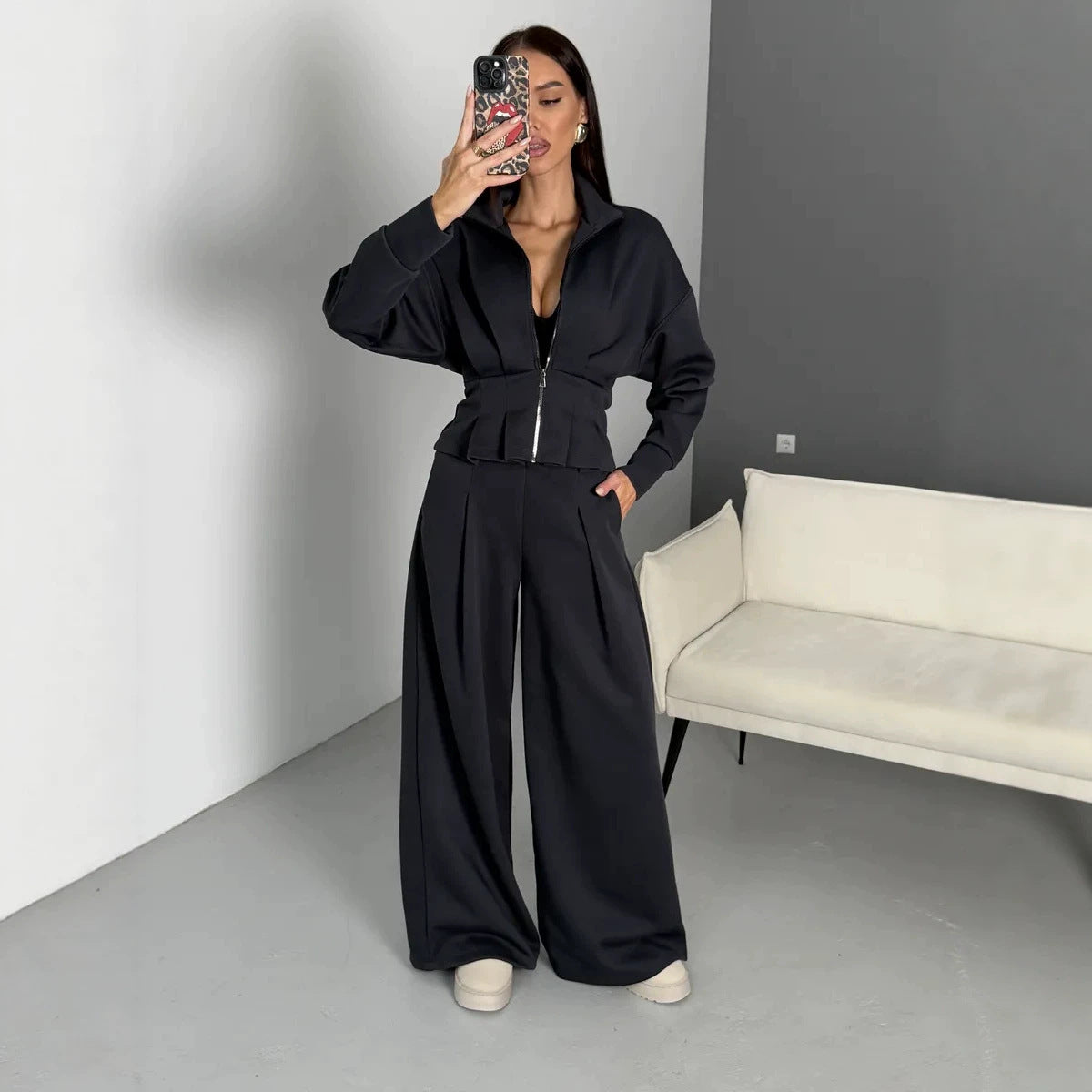 Stand-up Collar Long-sleeved Belted Sweatshirt and Casual Pants Set