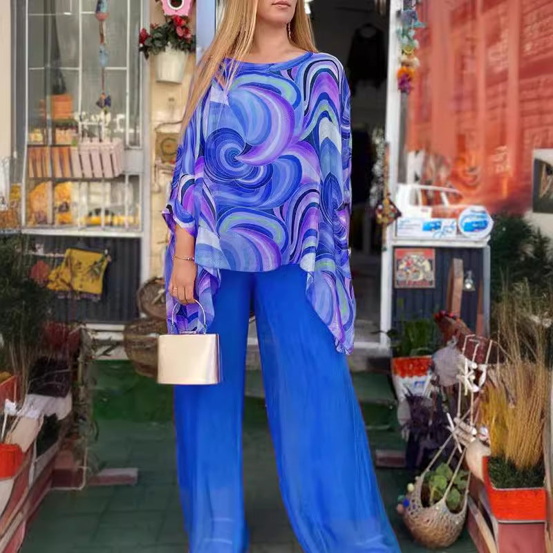 Casual Round Neck Colorful Printed Chiffon Suit