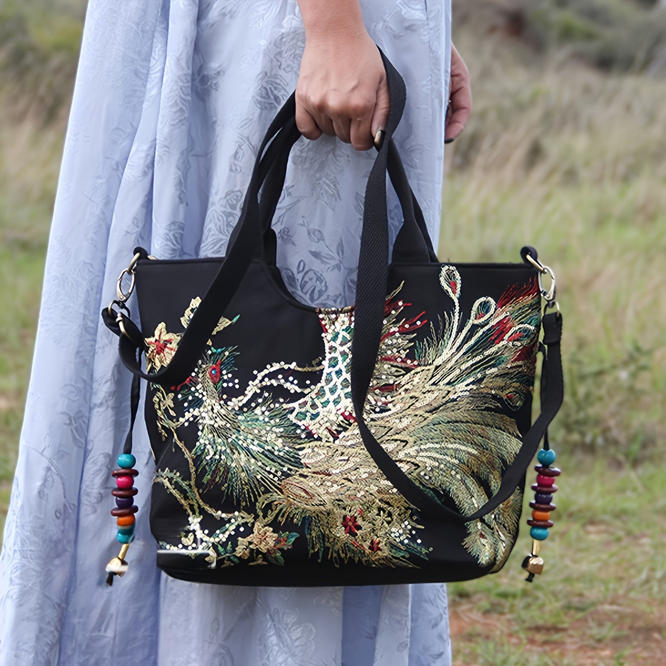 Vintage Canvas Embroidered Large Capacity Shoulder Strap Crossbody Tote Bag