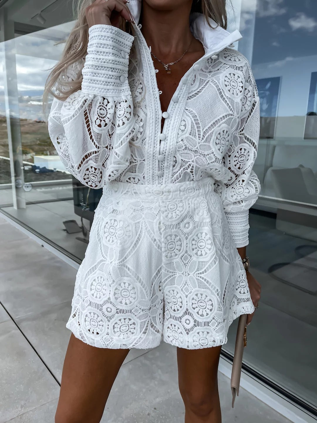Casual Solid Color Single-breasted Stand Collar Lace Shorts Suit