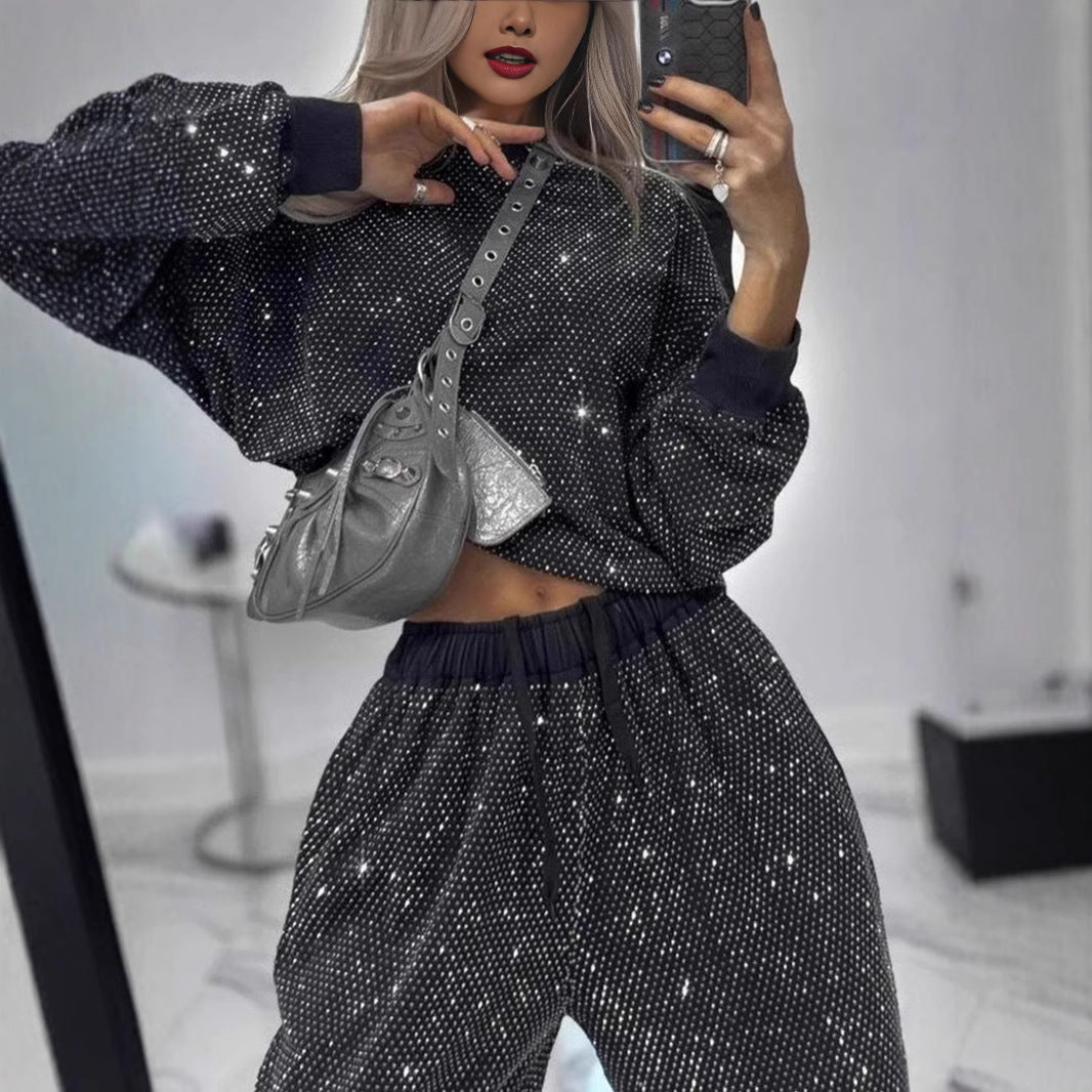 Starry Sky Long-sleeved Round Neck Drawstring Top Wide-leg Two-piece Suit