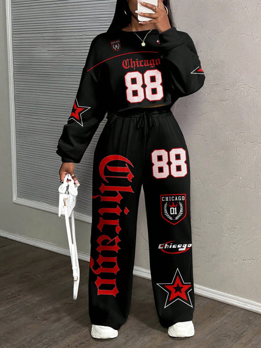 Casual Letter Print Crew Neck Sweatshirt and Pants Set