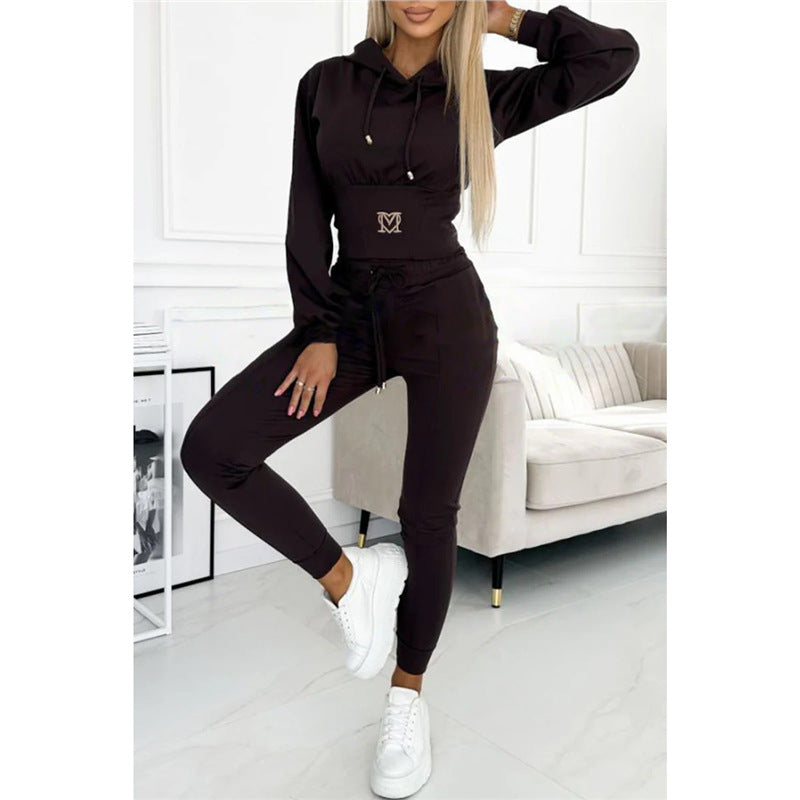 Waist-cinching Hooded Top and Trousers Casual Sportswear Set