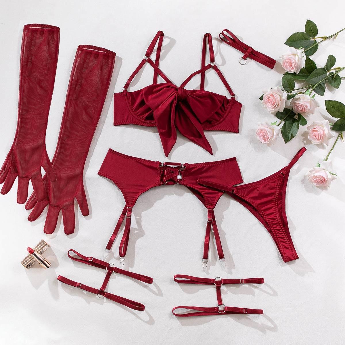 Sexy Ribbon Bowknot Exposing Breast Uniform with Gloves Four-piece Set